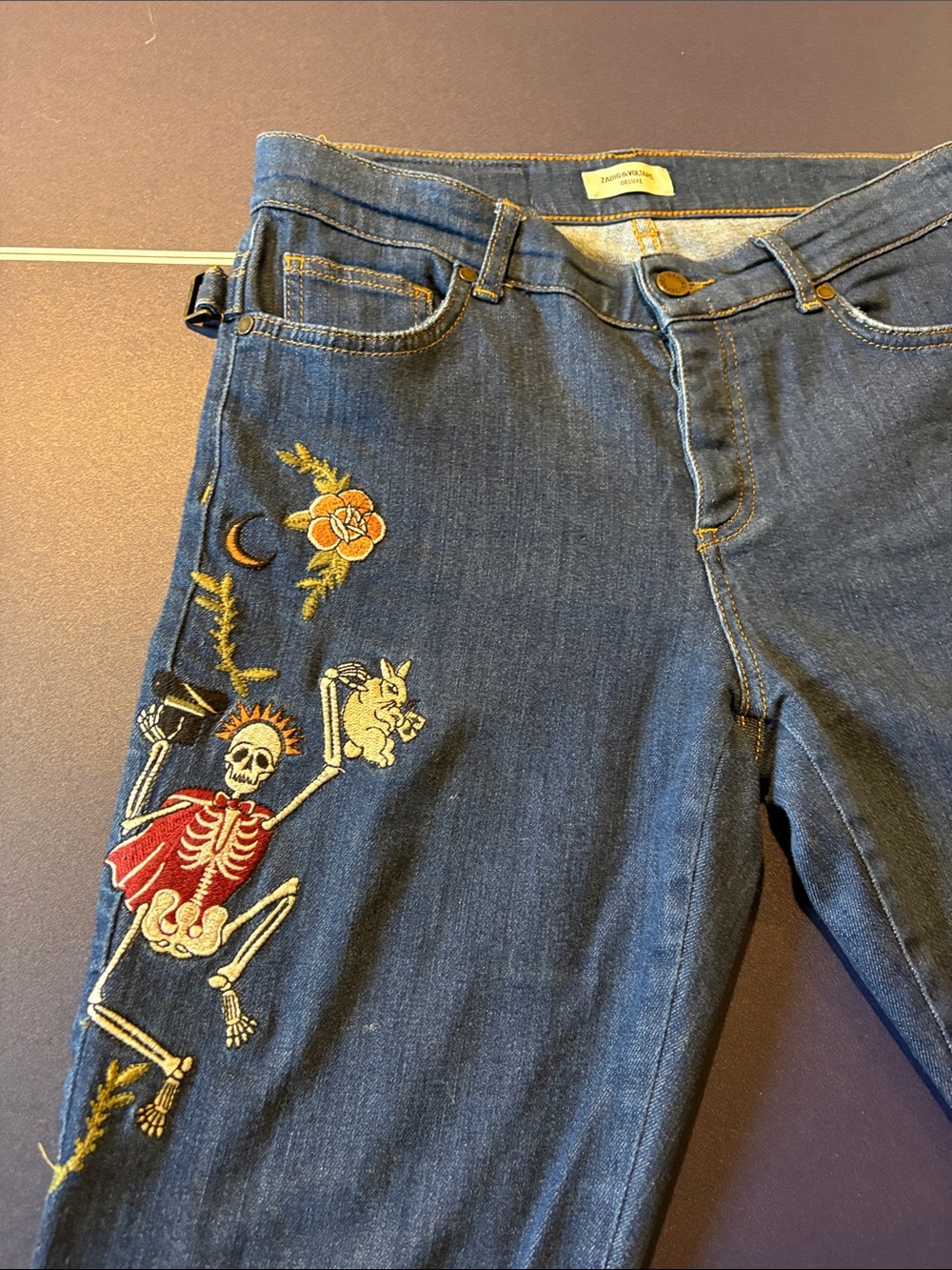 Zadig & Voltaire Women’s Embroidered Blue Denim Jeans with Skeleton Motif